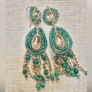 Elegant Green and Gold Crystal Dangle Earrings